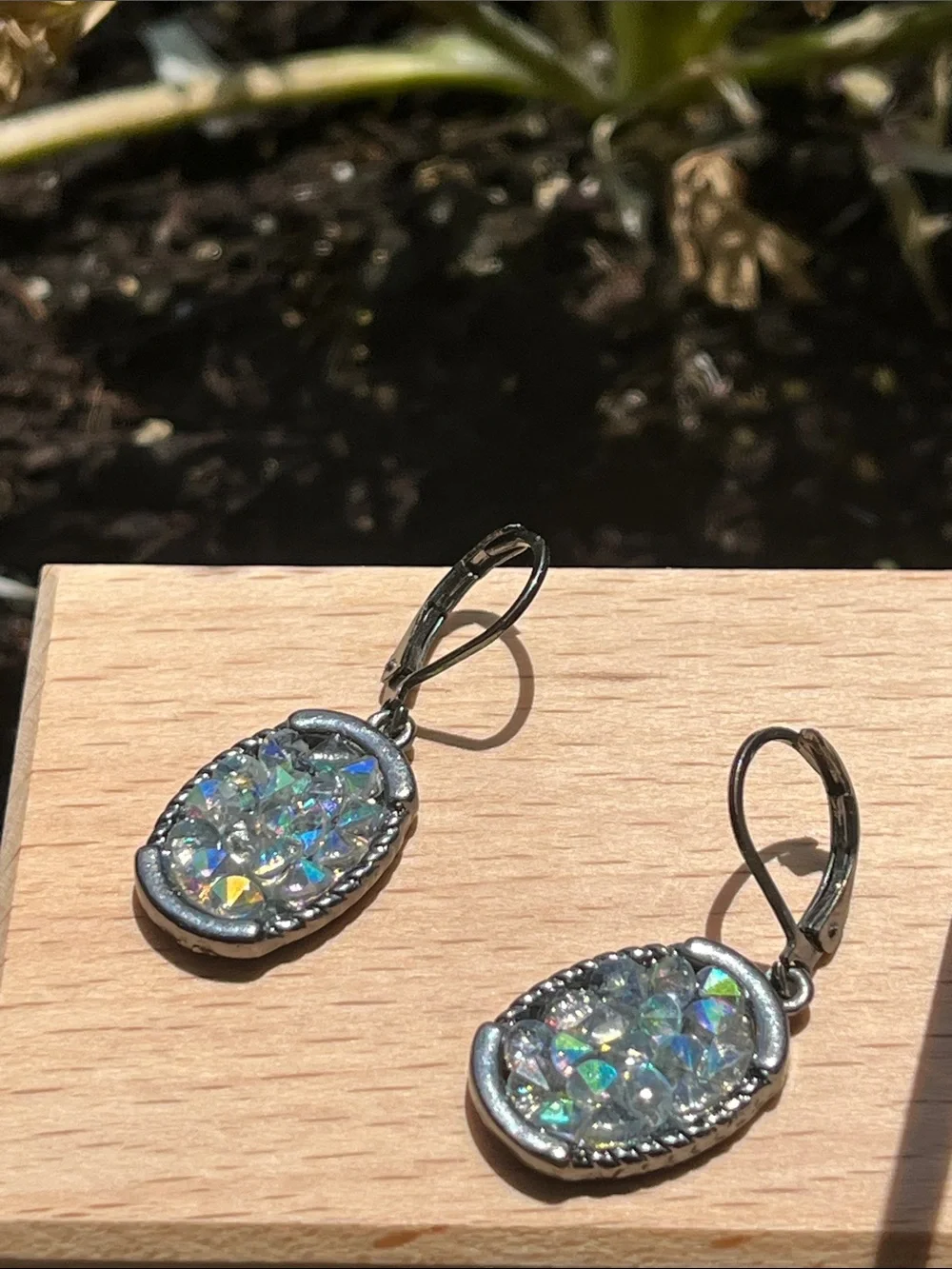 Iridescent Crystal Drop Earrings in Blue-Green